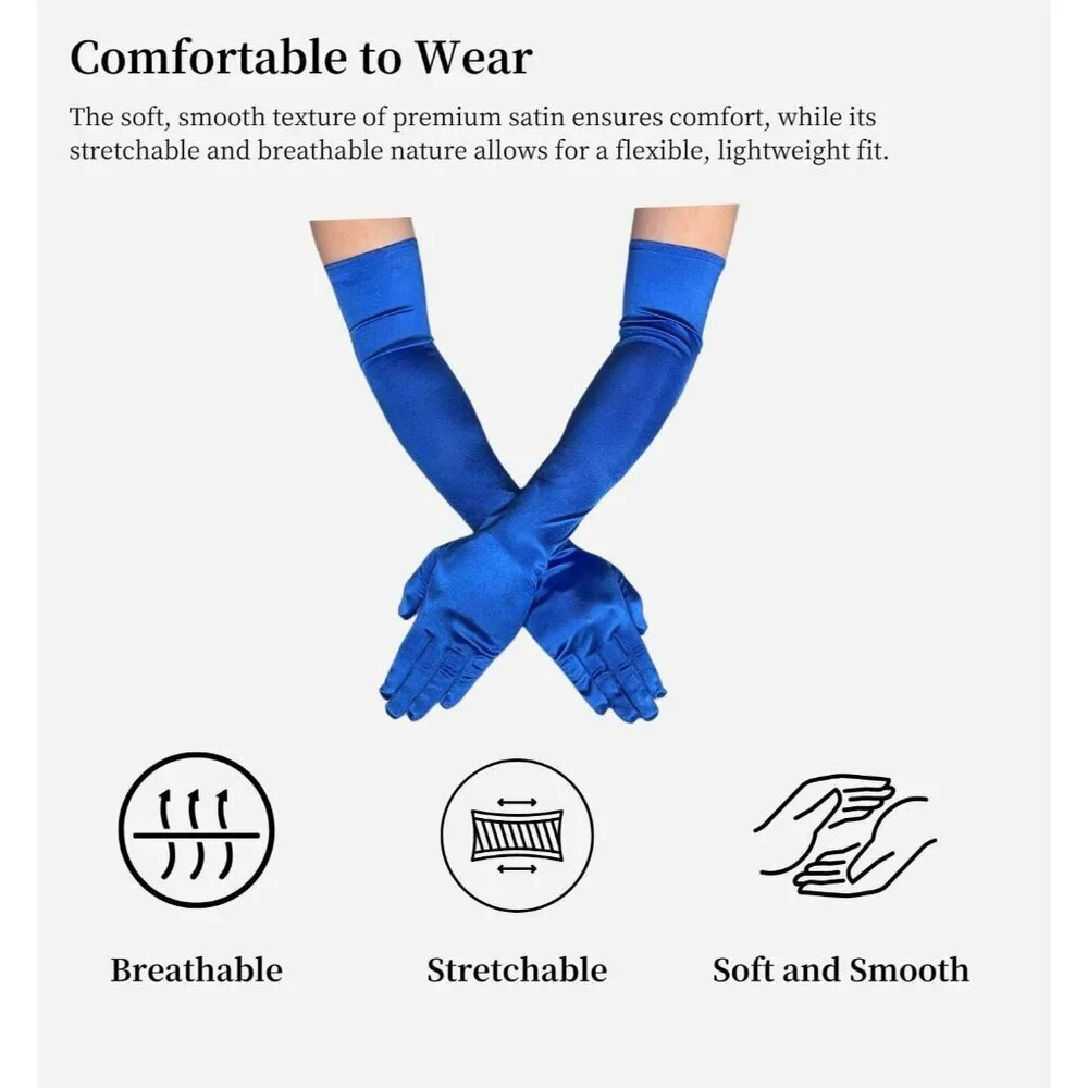 Women's Elbow Length Royal Blue Satin Gloves Costume Princess Party Accessories
